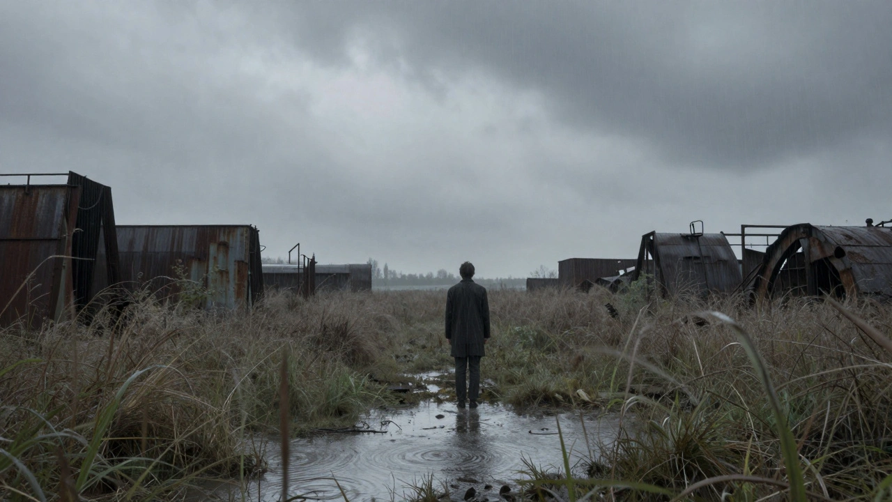 Meditative shot of a lone figure in a rainy, overgrown industrial ruin inspired by Tarkovsky films.
