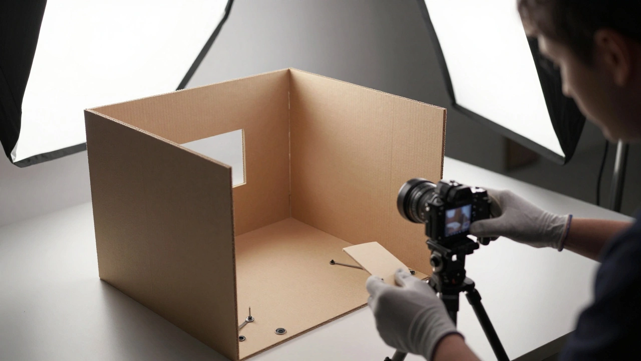 Miniature foam core set under studio lights with camera and animator.