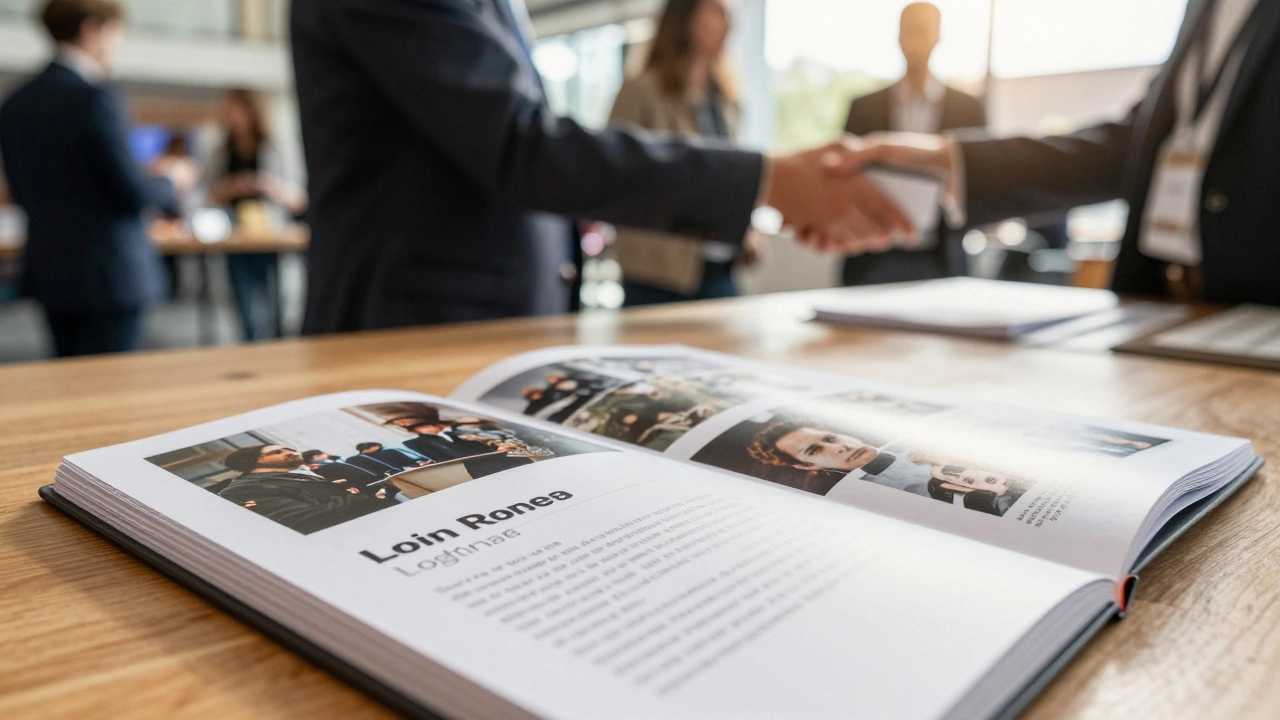Open pitch deck on table at busy film festival marketplace