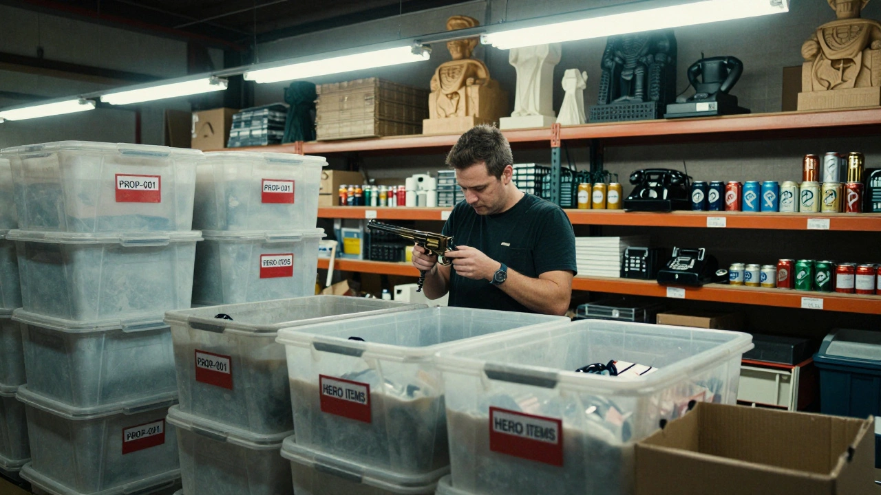 Organized film prop storage bins labeled with IDs, inspected by a crew member.