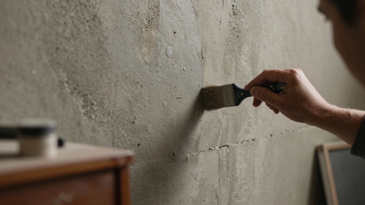 Painter adding weathering details to a film set wall for realism.