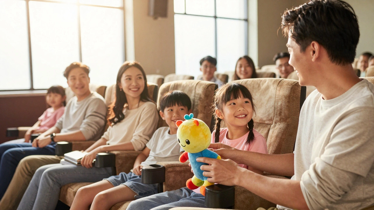 Parents and children enjoying a family film in a sunlit theater with merchandise