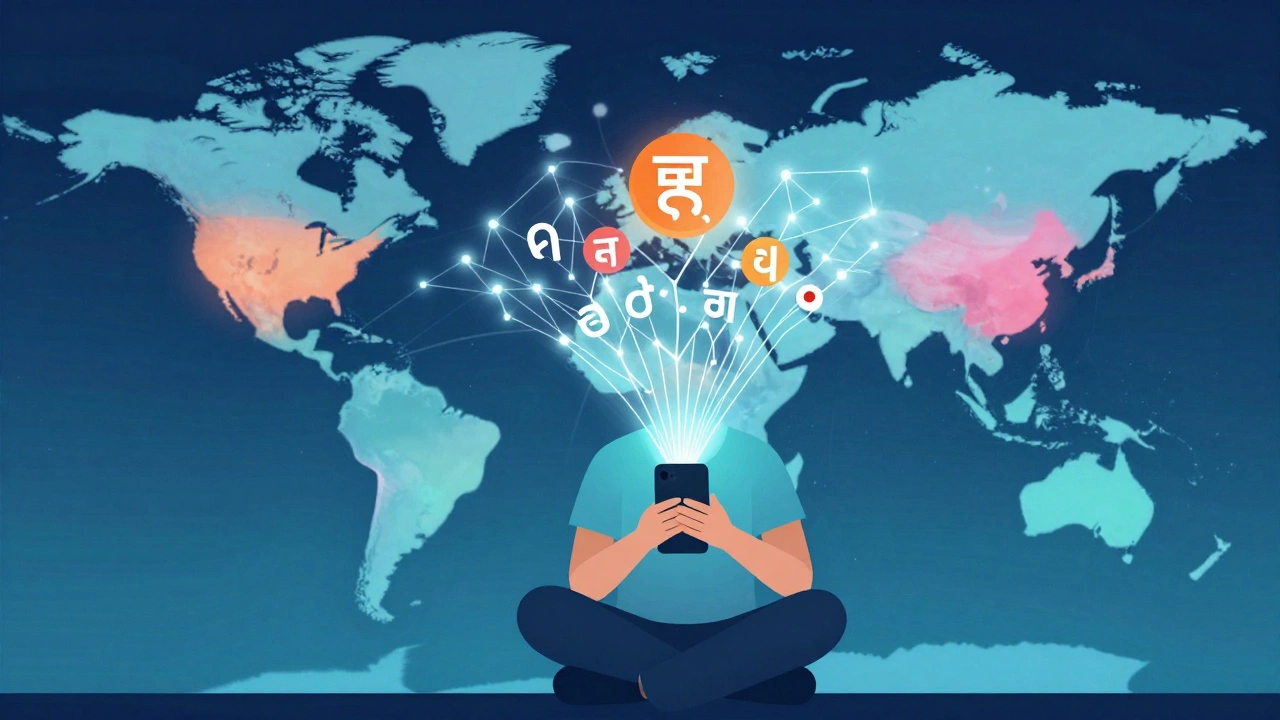 Person using smartphone with AI translating languages into floating symbols over a global map.