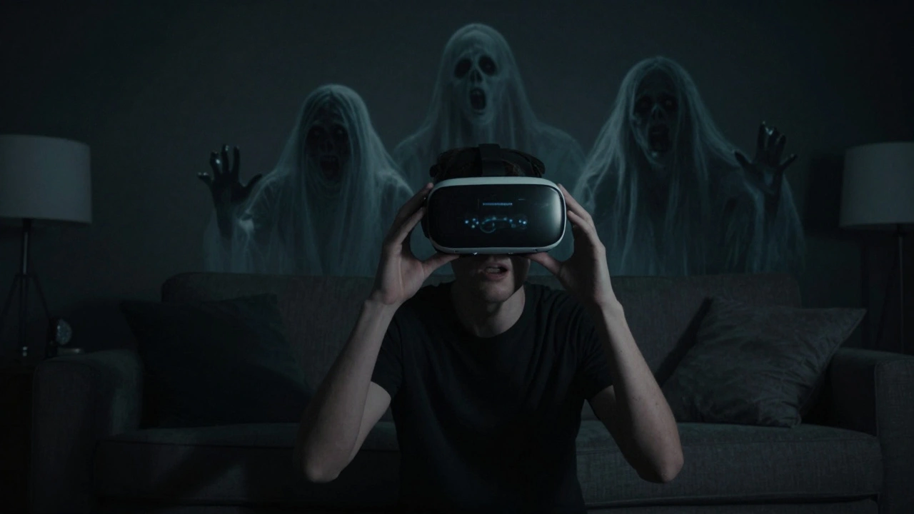 Person using VR headset to experience immersive horror in a dark room.