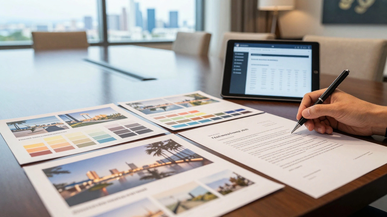 Pitch deck materials and mood boards on a table during a film industry meeting.