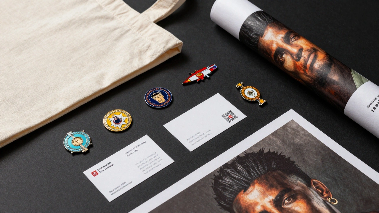 Premium film merchandise including pins, tote bag, and poster arranged on a black surface.