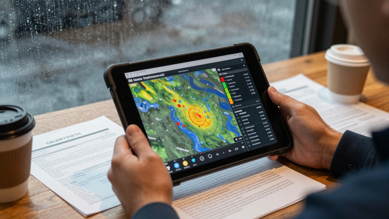Production manager reviewing weather radar data on a tablet during a rainstorm.
