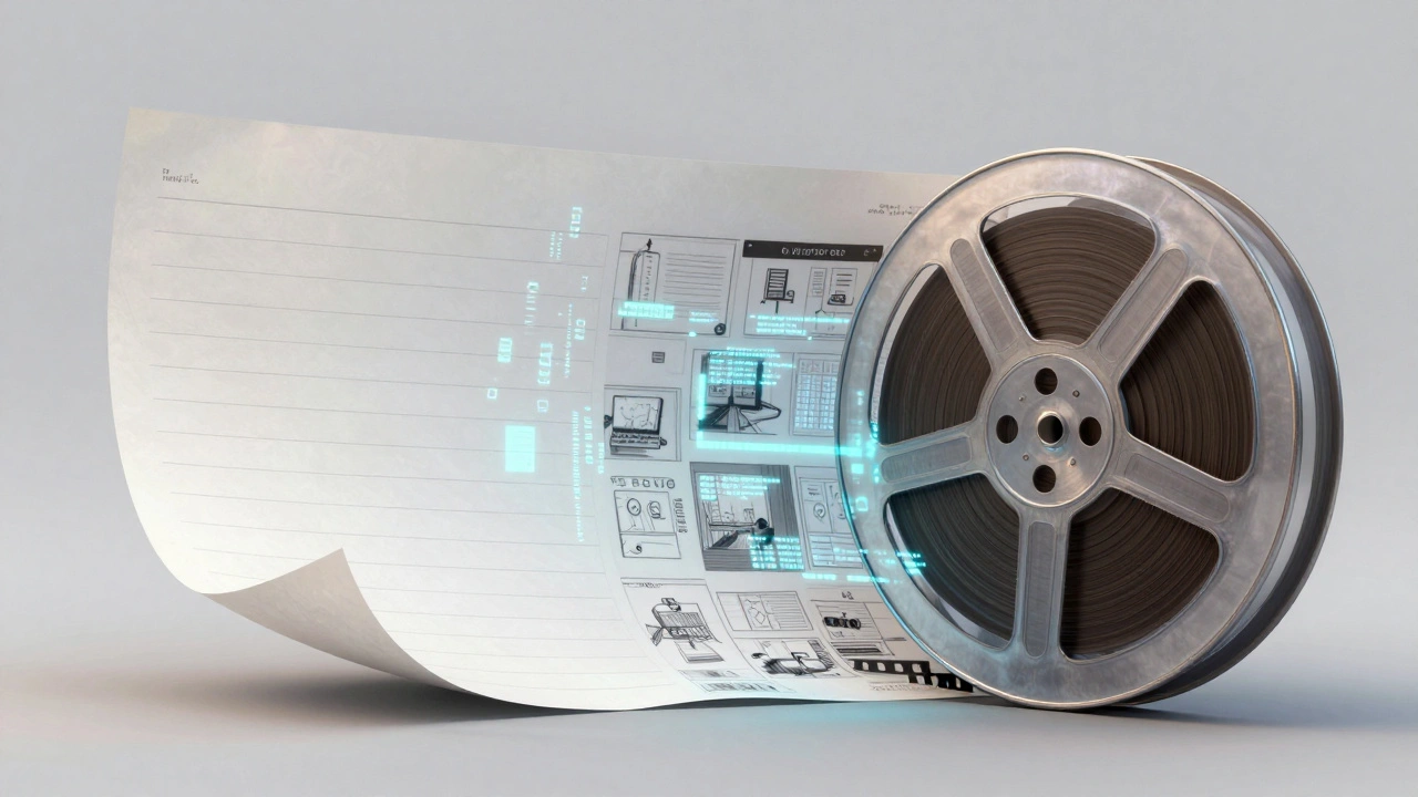Script page morphing into film reel and storyboard sketches