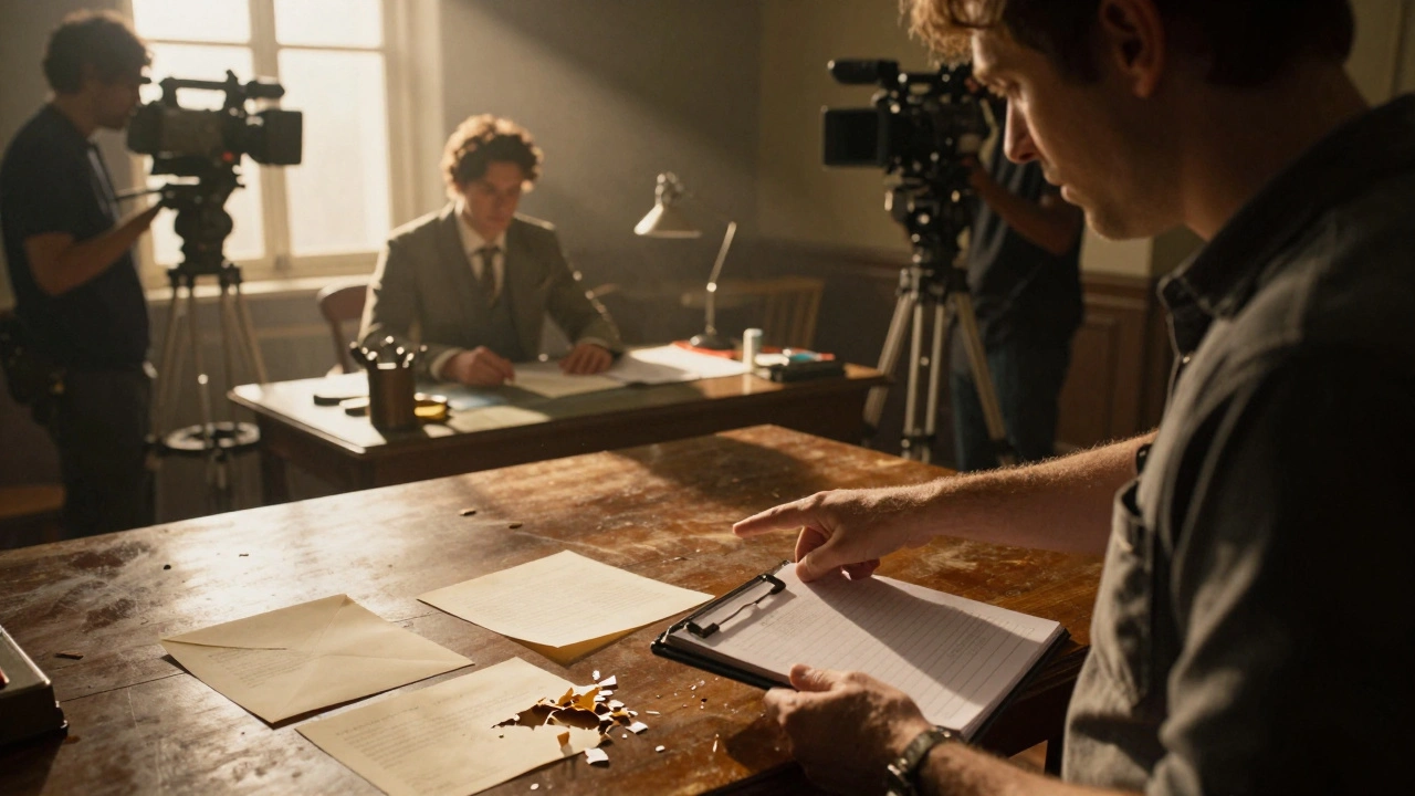 Script supervisor checking continuity props like torn letters on a movie set.
