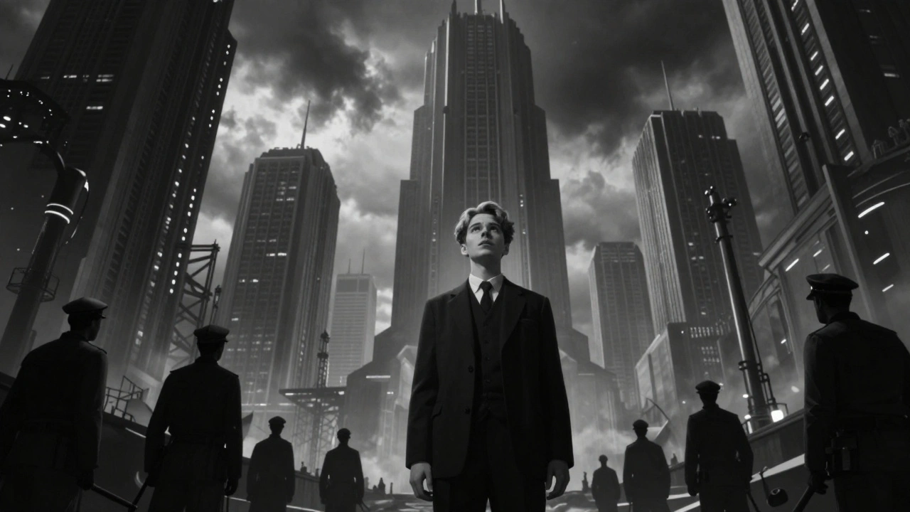 Sensitive character standing amidst towering futuristic industrial architecture