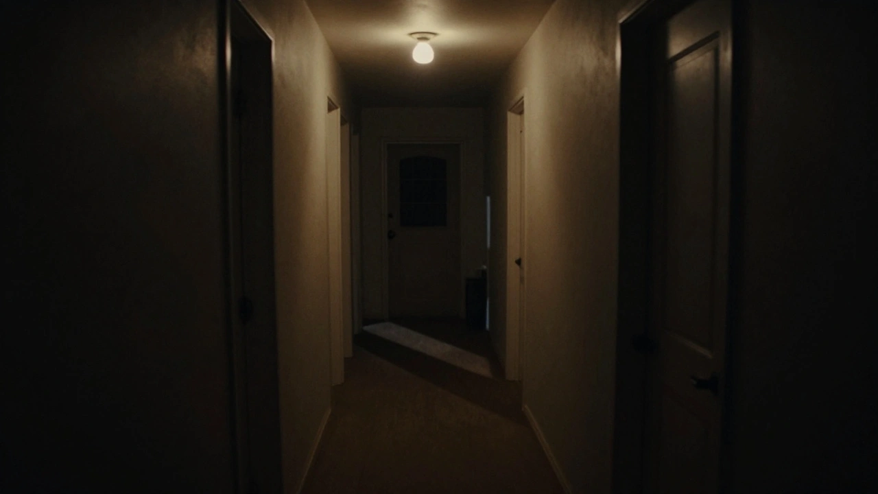 Shaky handheld view of a dark hallway with harsh lighting and video artifacts