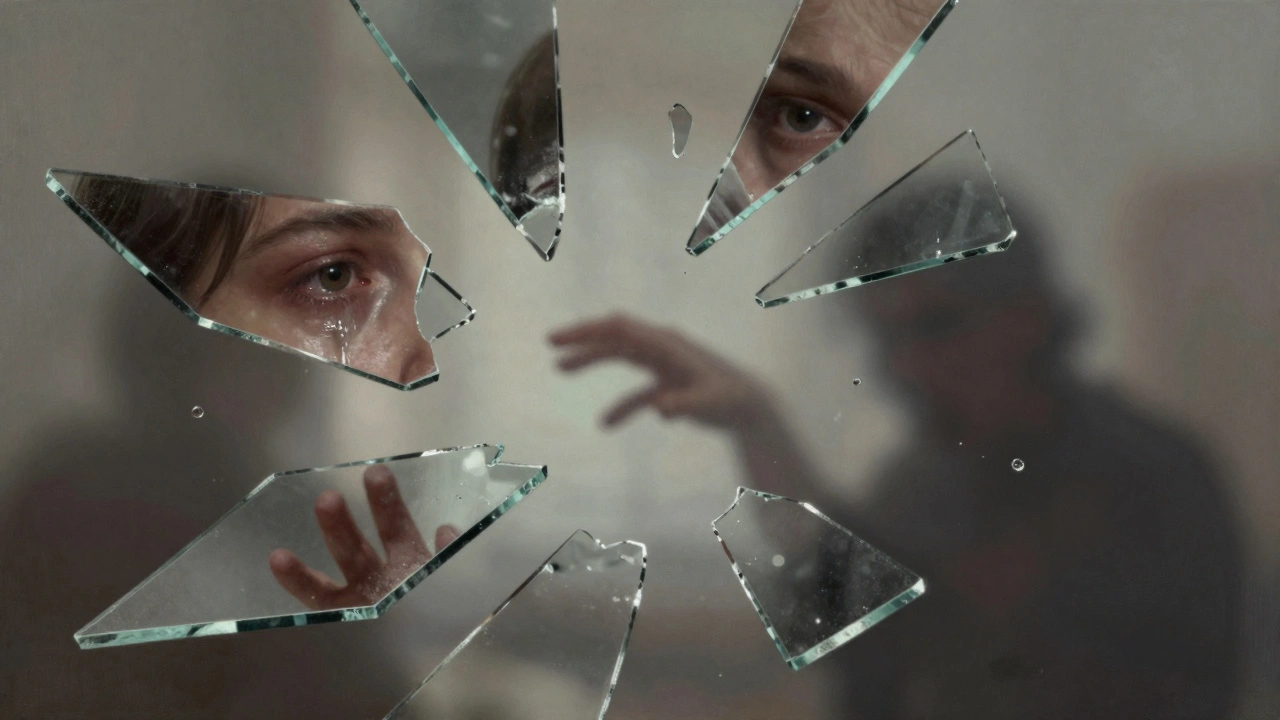 Shattered glass shards reflecting fragmented emotional scenes in abstract art