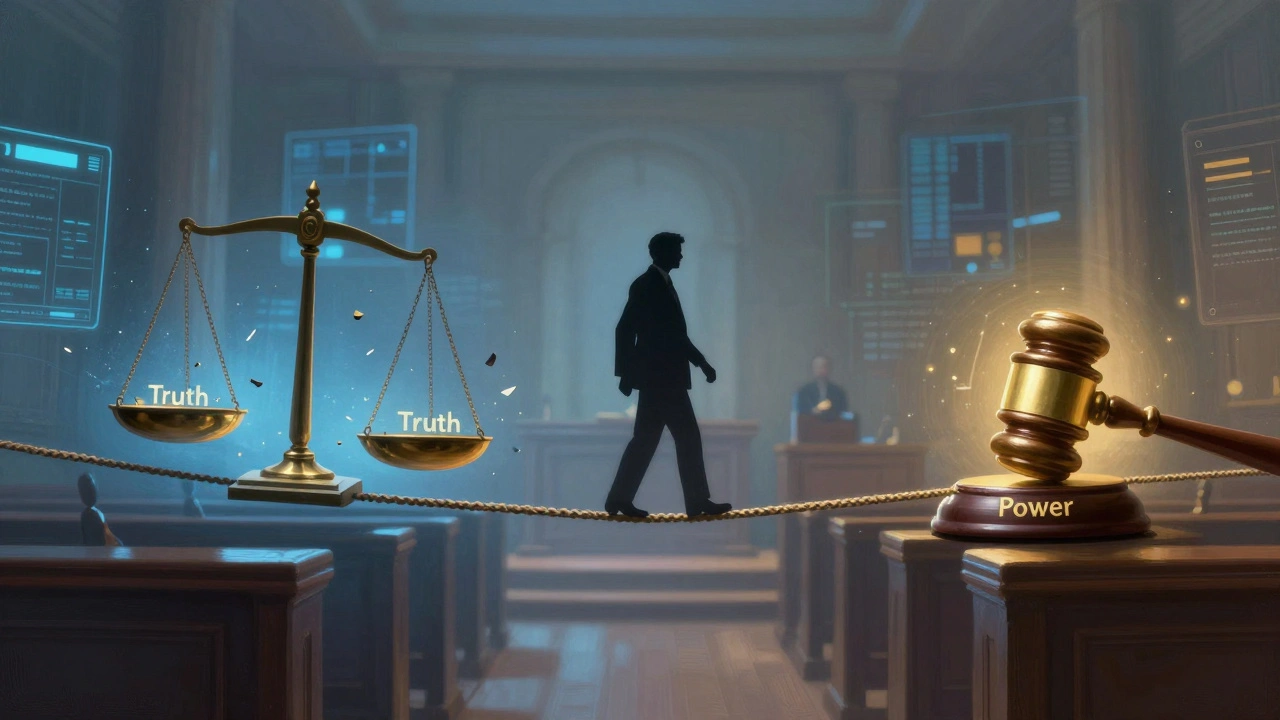 Silhouette of a lawyer balancing on a tightrope between truth and power.