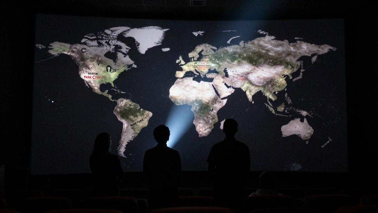 Silhouettes watching a global map projection in a dimly lit screening room