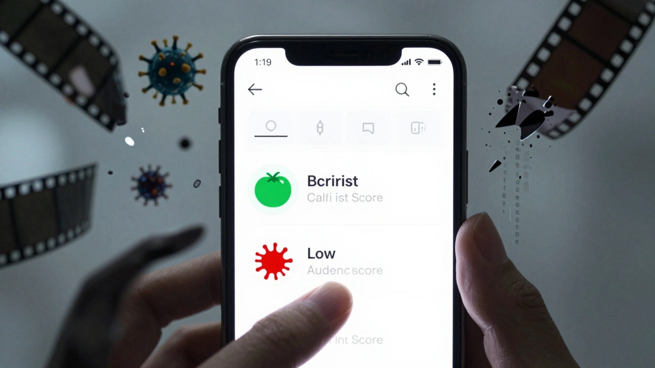 Smartphone screen showing conflicting critic and audience scores with abstract manipulation symbols