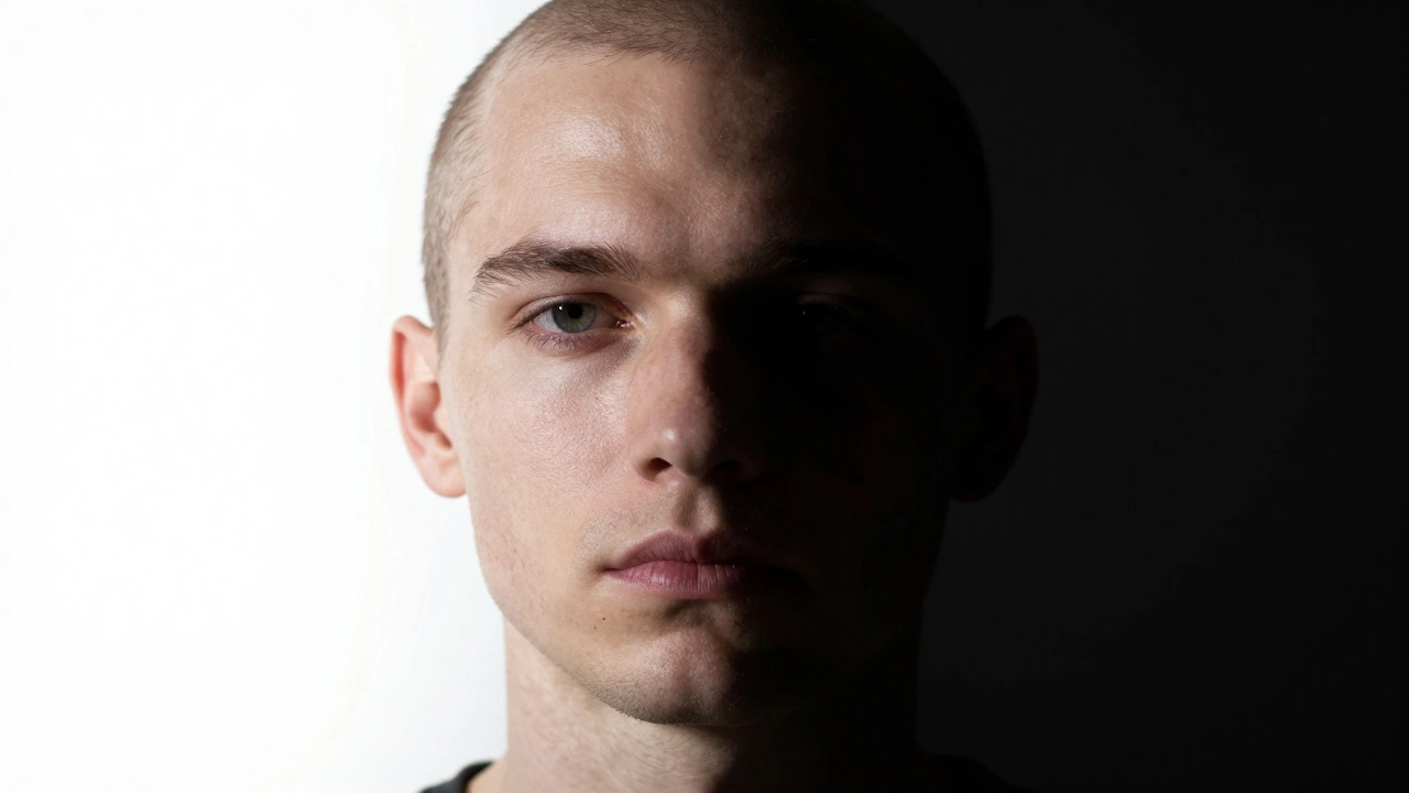 Split face showing contrast between bright even lighting and dramatic shadowy lighting.