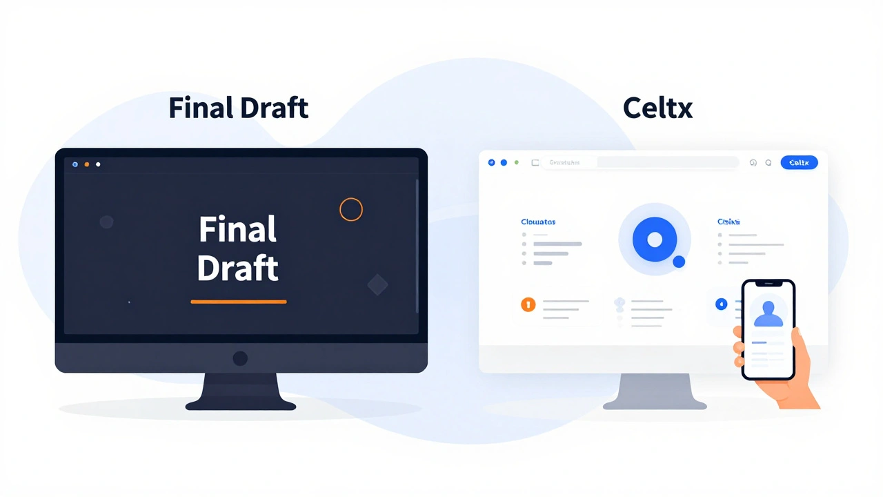 Split illustration contrasting desktop vs cloud screenwriting tools