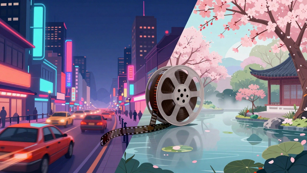 Split image contrasting busy Western city life with serene Eastern garden, symbolizing film critique styles.