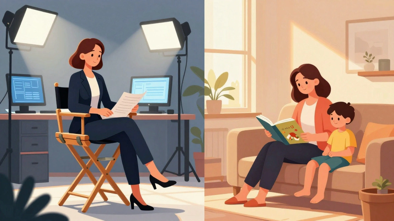 Split image of director working on set and reading to child