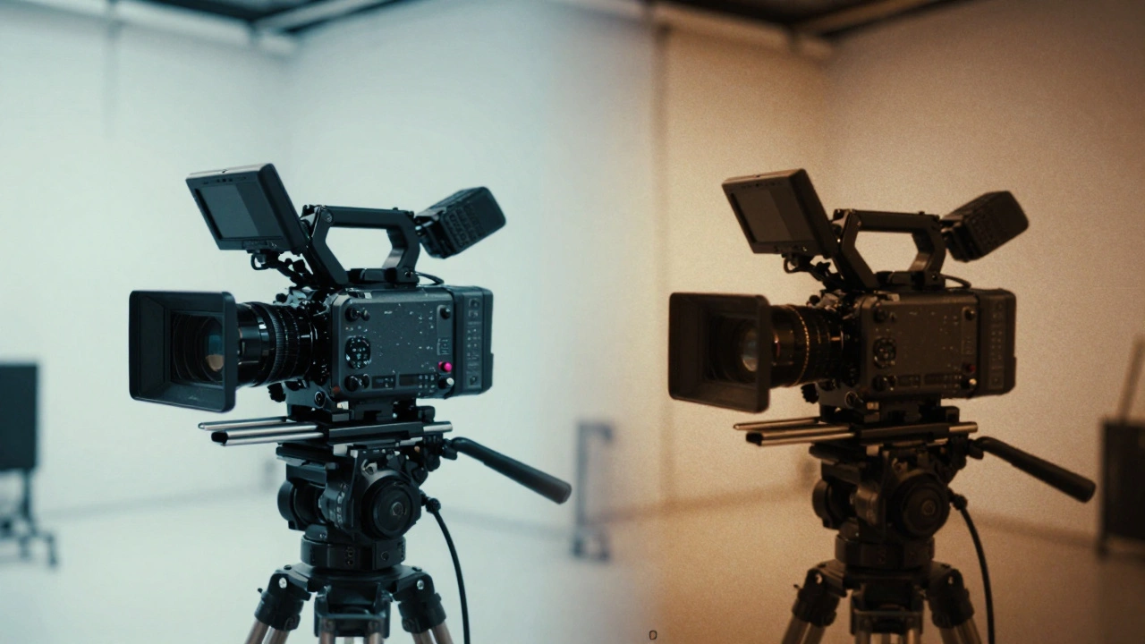 Split image showing a pro camera transitioning into a grainy lo-fi video feed