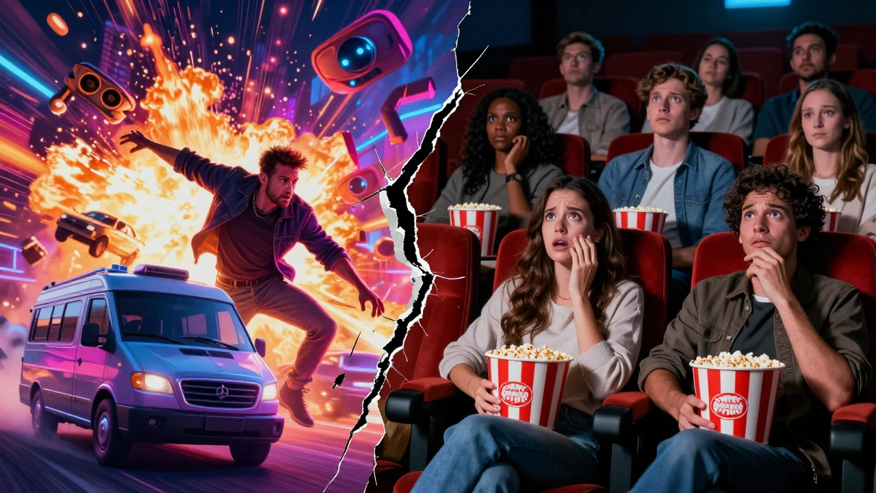 Split image showing flashy trailer hype versus disappointed audience reaction