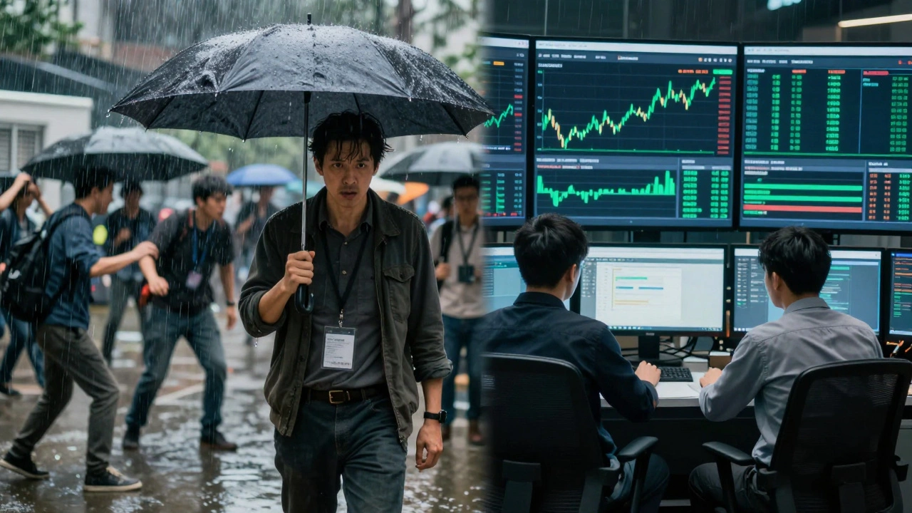 Split scene showing chaotic rainy film set versus calm financial stability
