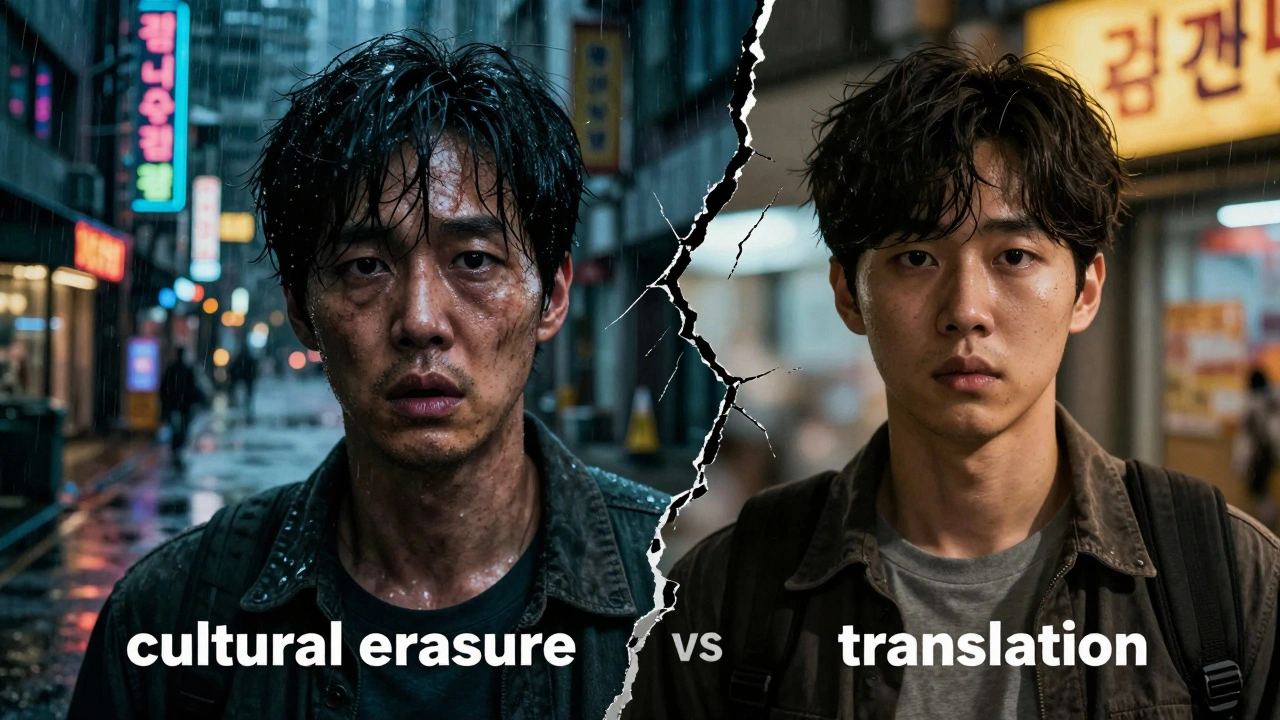 Split screen comparing gritty original film scene with polished American remake