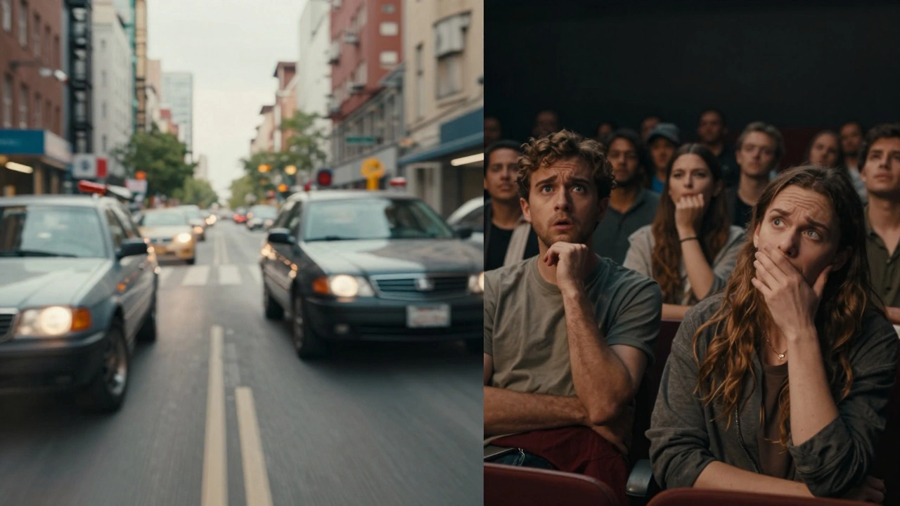 Split screen contrasting global action spectacle with local comedy