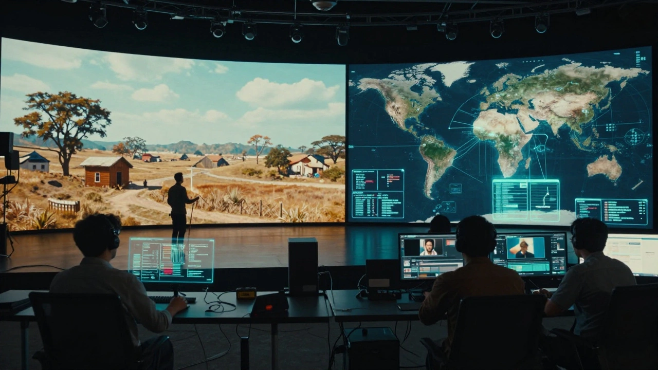 Split-screen view of virtual production stages and remote editors connected digitally.