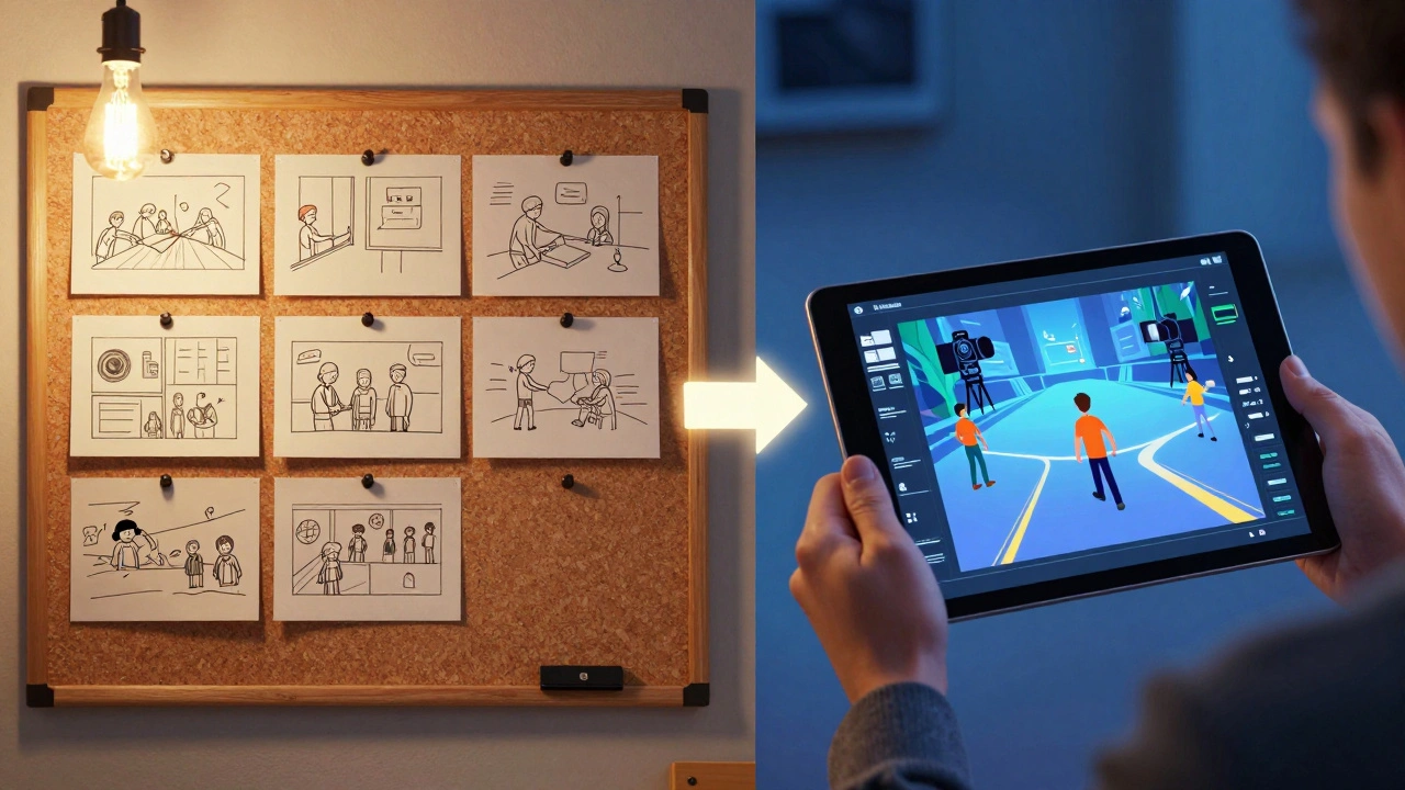 Split view comparing traditional paper storyboards with modern digital tablet previz.