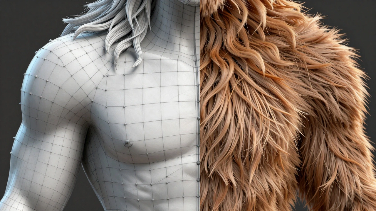 Split view of 3D character wireframe mesh and final textured render.