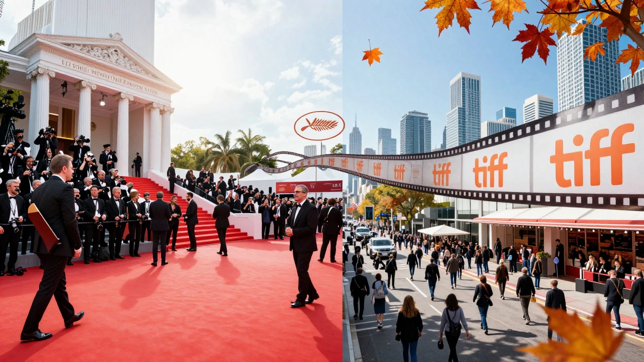 Split view of Cannes and Toronto film festivals connected by film strips.