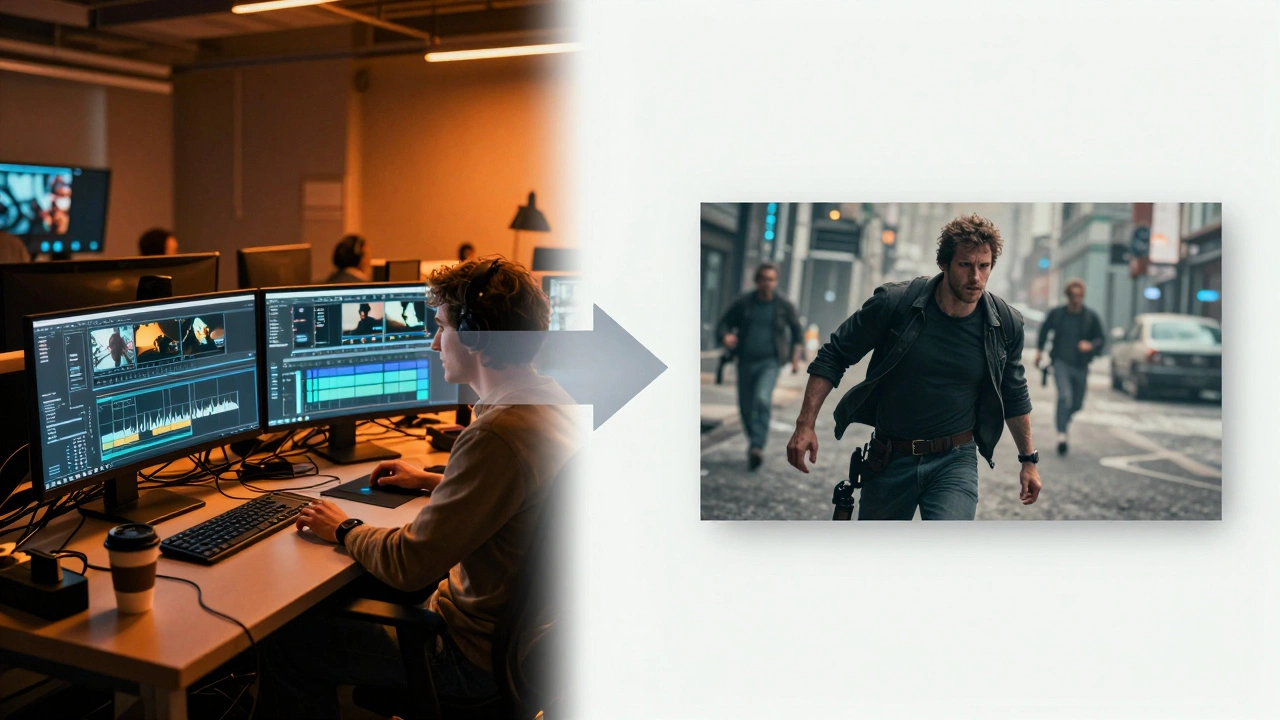 Split view of chaotic editing suite versus polished final movie frame