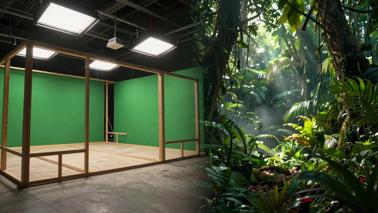 Split view showing unfinished set frames versus final cinematic jungle.