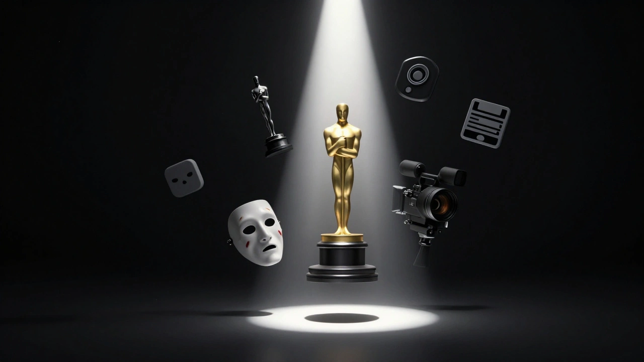 Spotlight revealing cinematic icons in a dark void