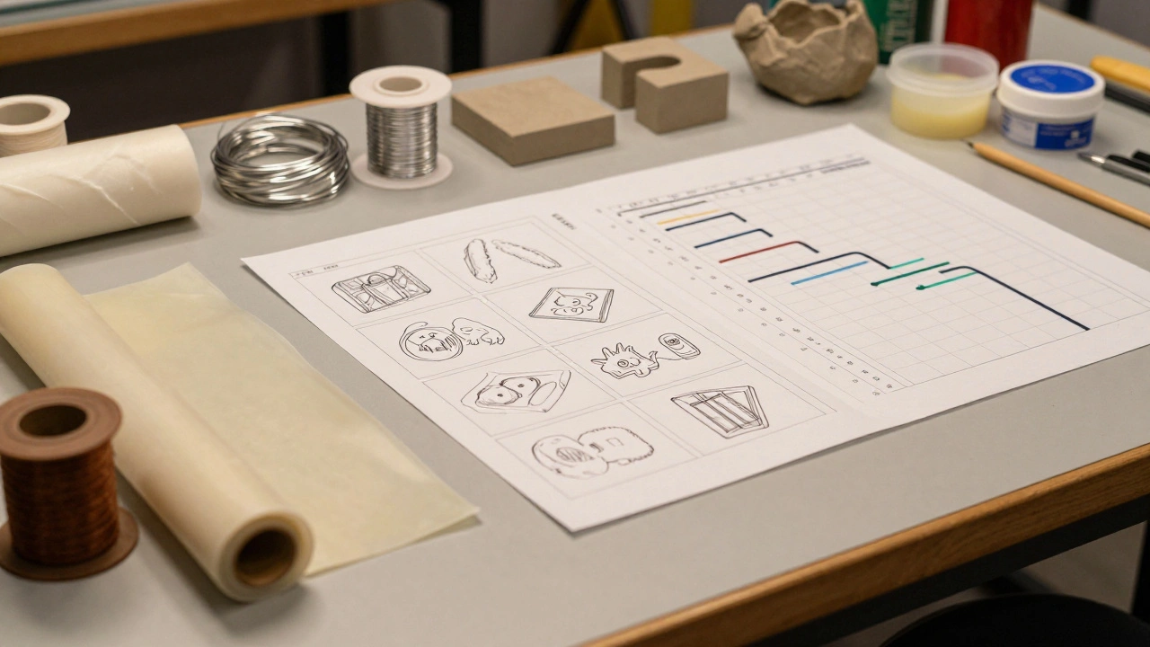Stop-motion tools like clay, wire, and storyboards on a workbench.