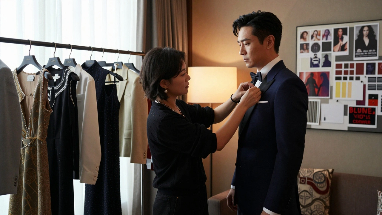 Stylist adjusting actor's suit next to film poster in a dressing room.