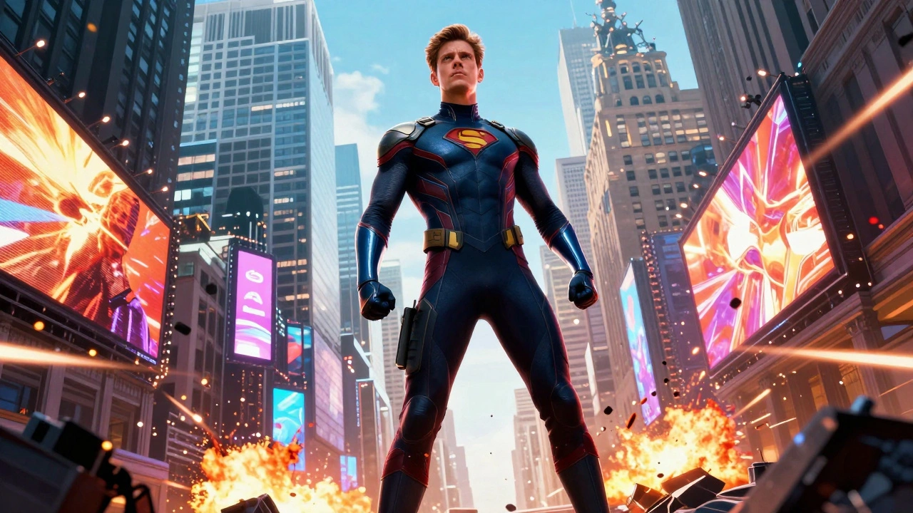 Stylized superhero in a blended global cityscape representing visual spectacle