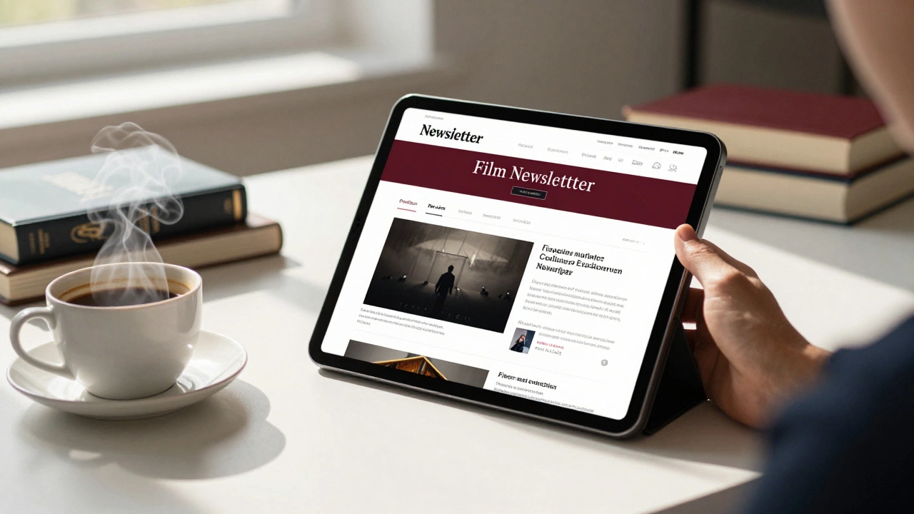 Sunlit desk with tablet showing newsletter interface, coffee, and film books