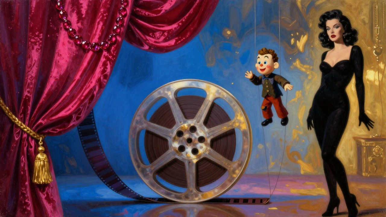 Surreal collage of camp cinema icons like velvet, puppets, and film reels in neon colors.
