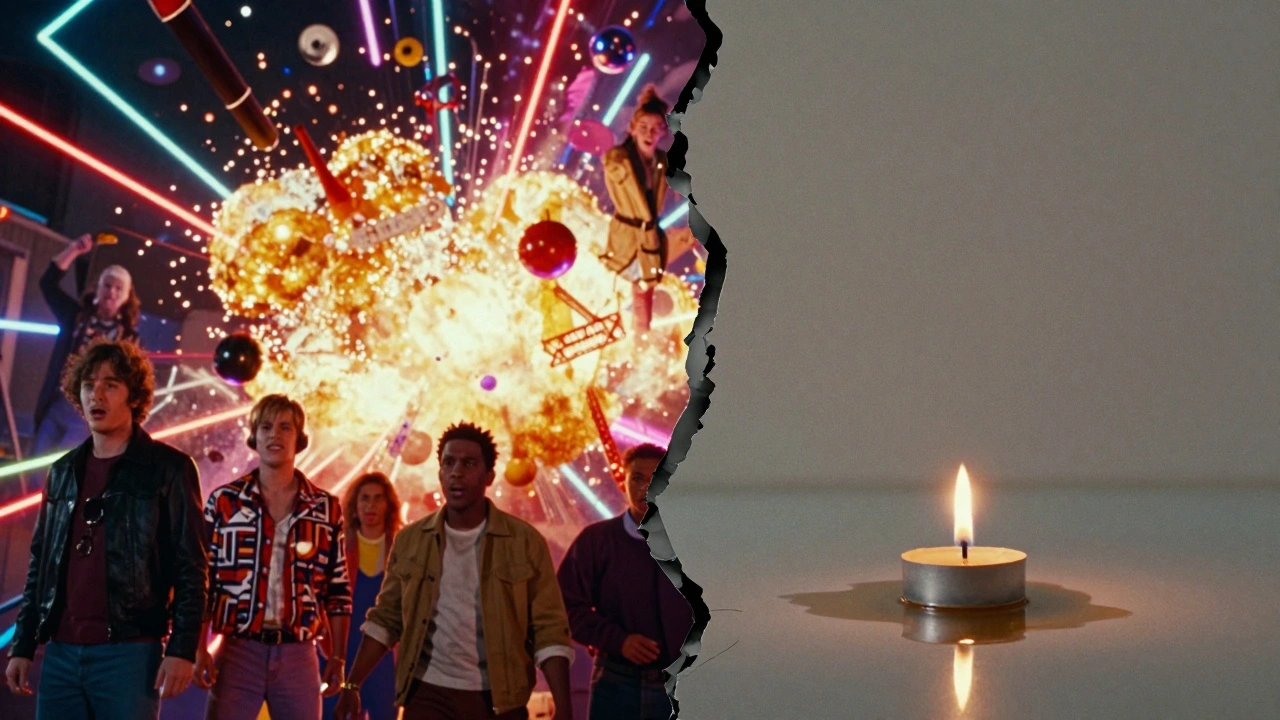 Surreal split image contrasting noisy blockbuster hype with quiet indie art.