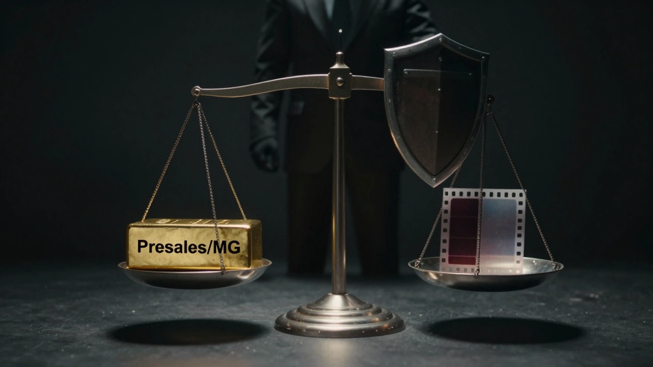 Symbolic balance scale showing film financing risks and completion bonds.