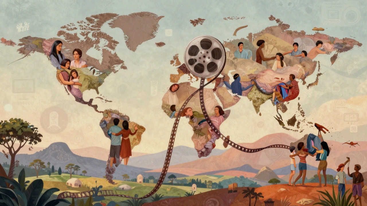 Symbolic collage of a world map made of diverse figures representing global queer cinema.