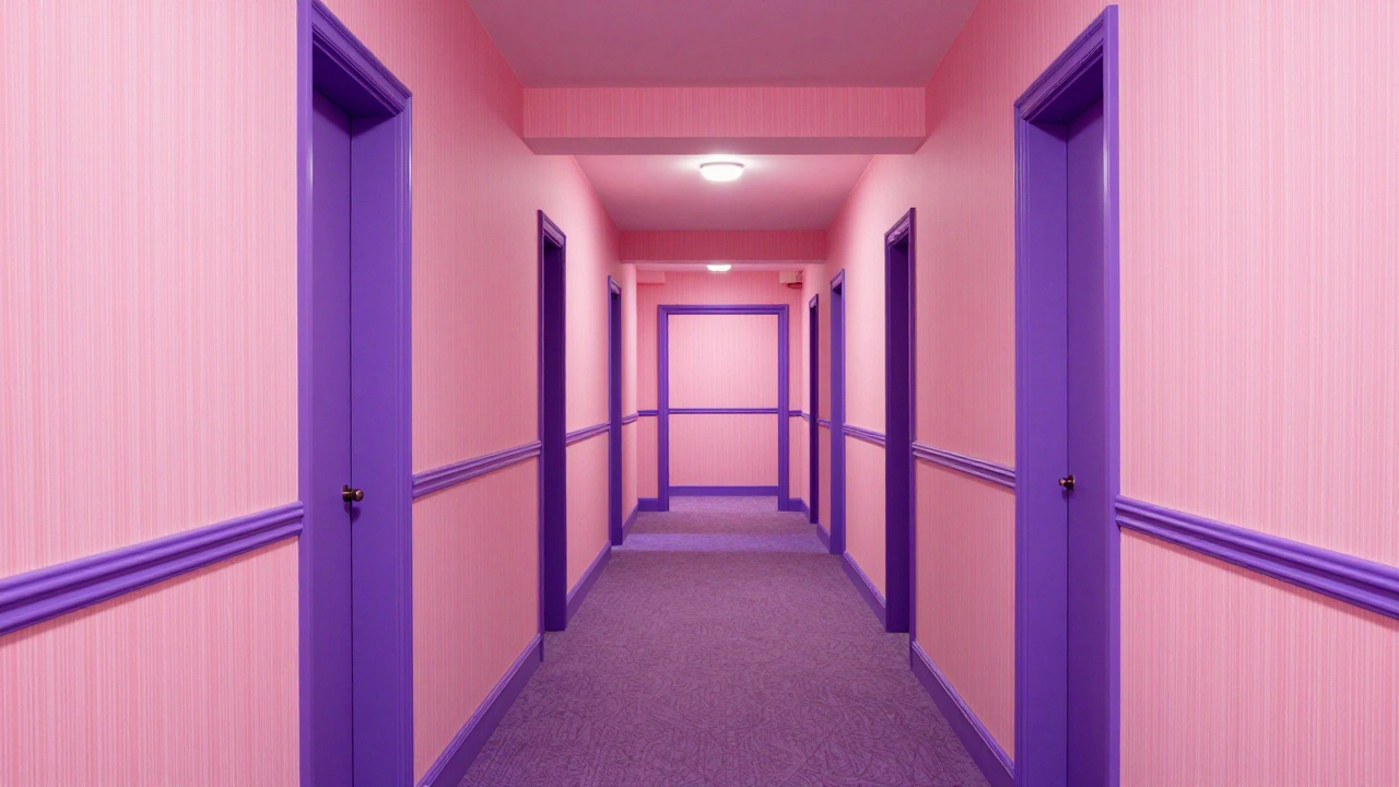 Symmetrical pastel pink hotel hallway with whimsical architectural details