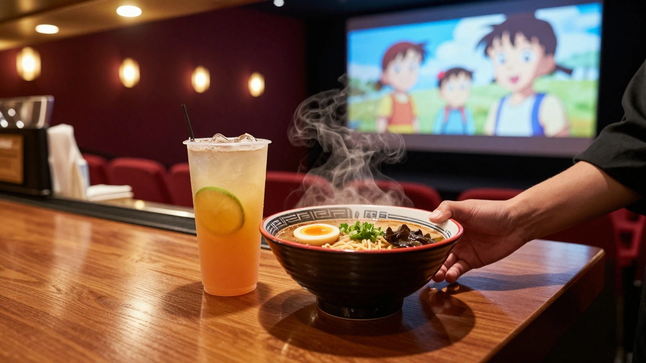 Themed ramen and drinks served at a cinema concession stand during a screening.
