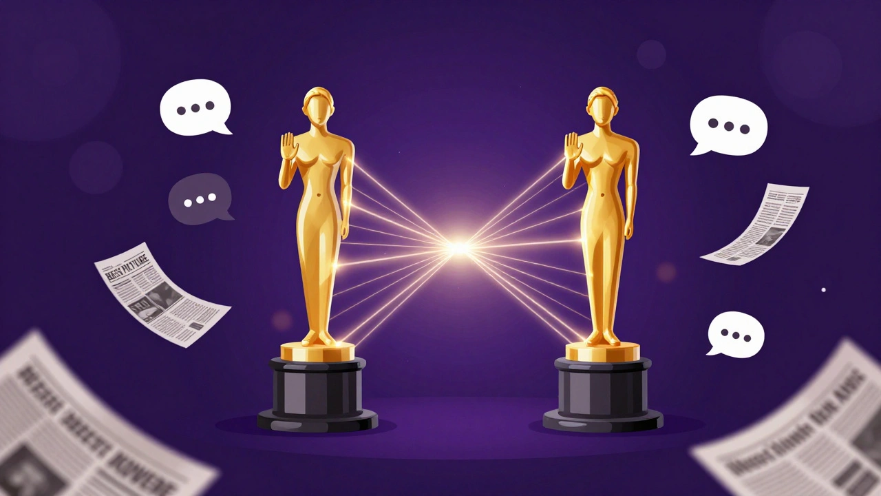 Two golden statuettes connected by glowing light beams symbolizing synergy