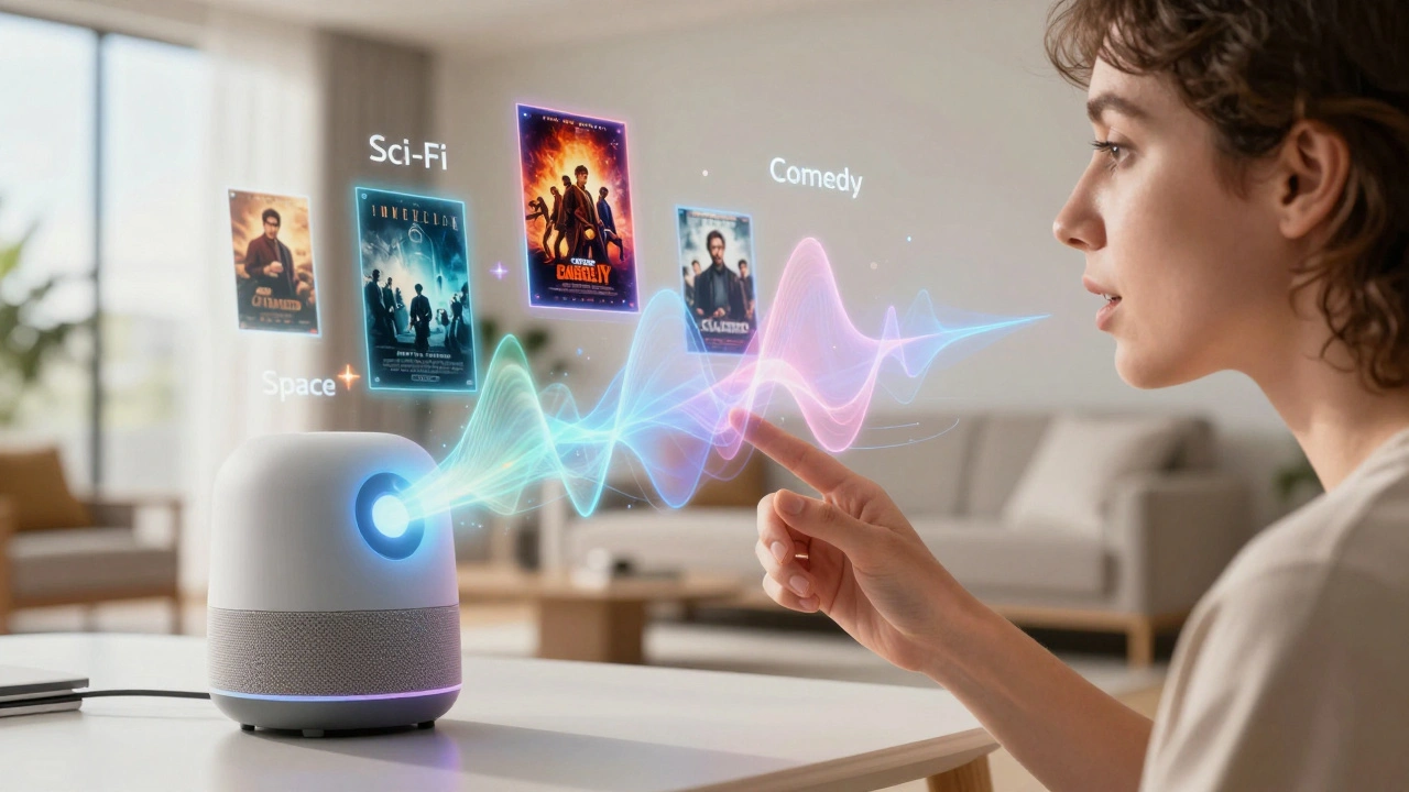 User interacting with smart speaker for voice-guided movie suggestions