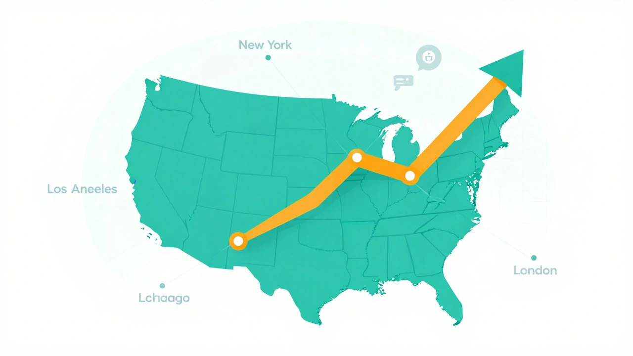 Vector map showing film distribution expansion across US cities with rising revenue arrows.
