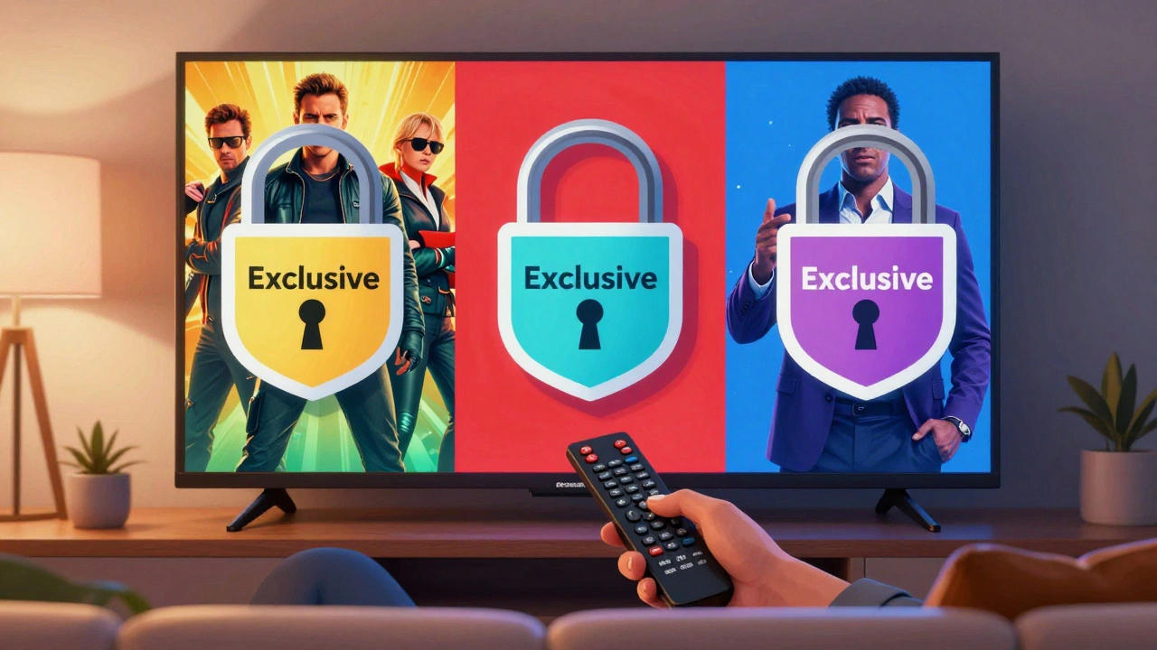 Viewer frustrated by fragmented exclusive content locks on a split TV screen.