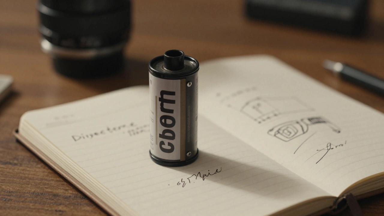 Vintage 16mm film canister and notebook symbolizing indie film craft.